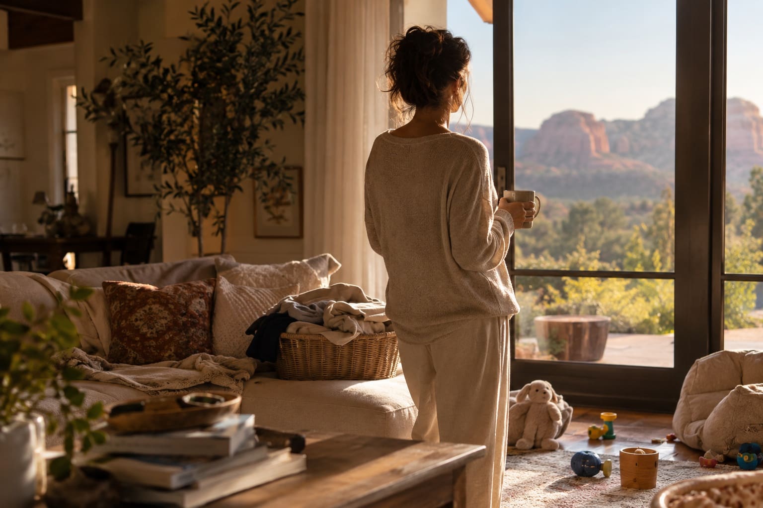Woman holding a coffee mug and looking out at Sedona red rocks from a lived-in living room with laundry and children's toys.